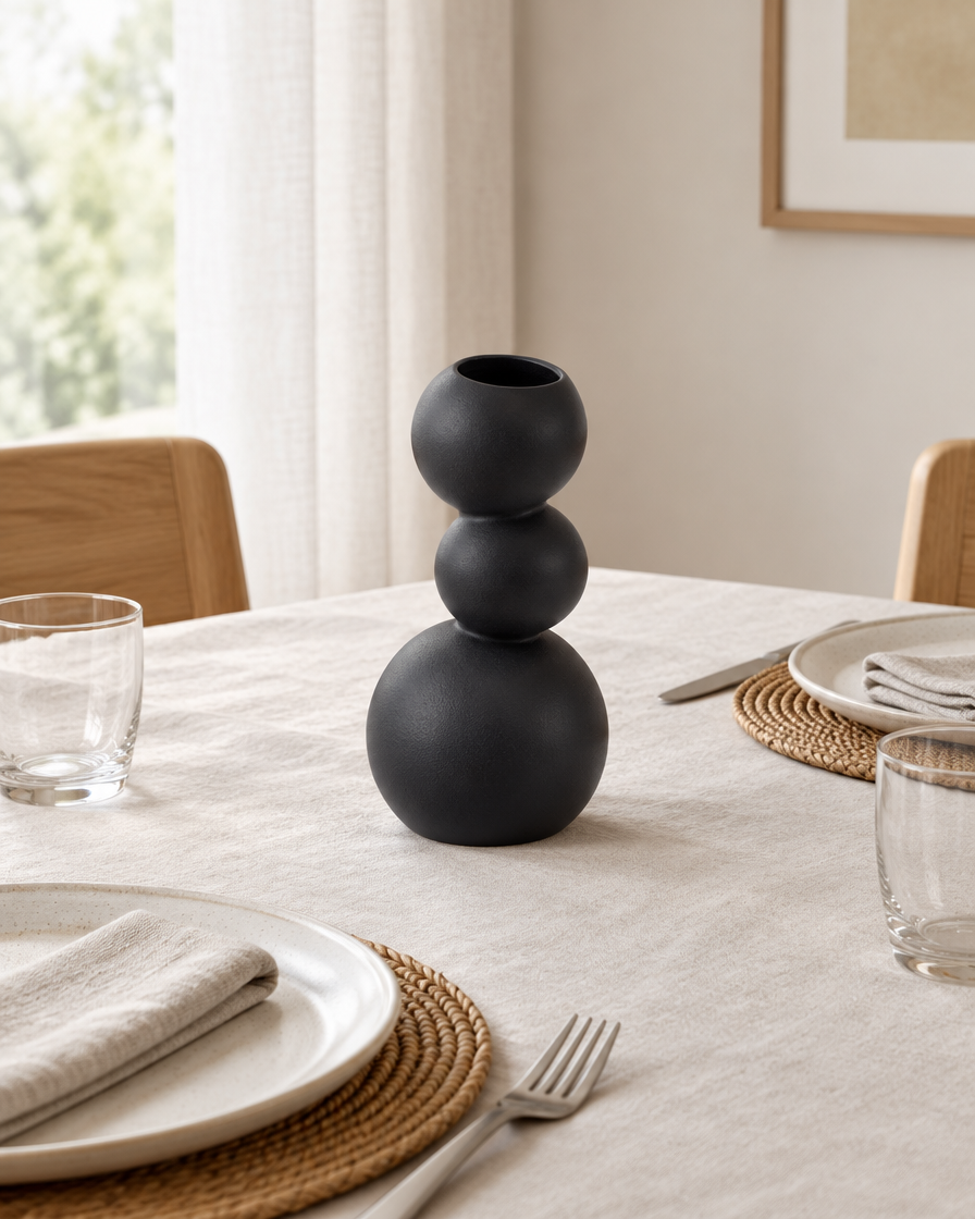 Black Stacked Ball Ceramic Vase on a dining table