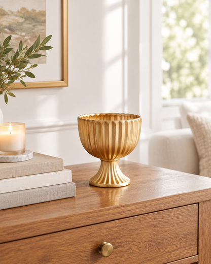 Gold Fluted Pedestal Urn Vase on a console table