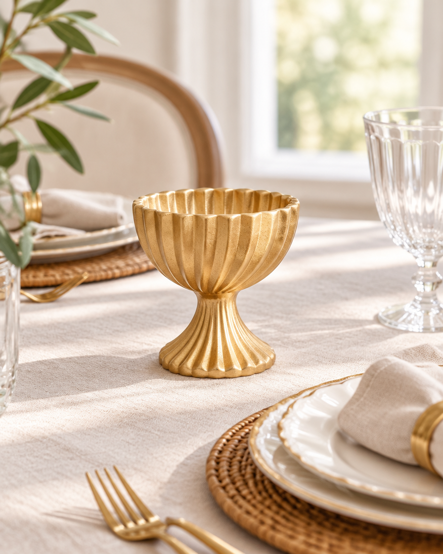 Gold Fluted Pedestal Urn Vase on a dining table