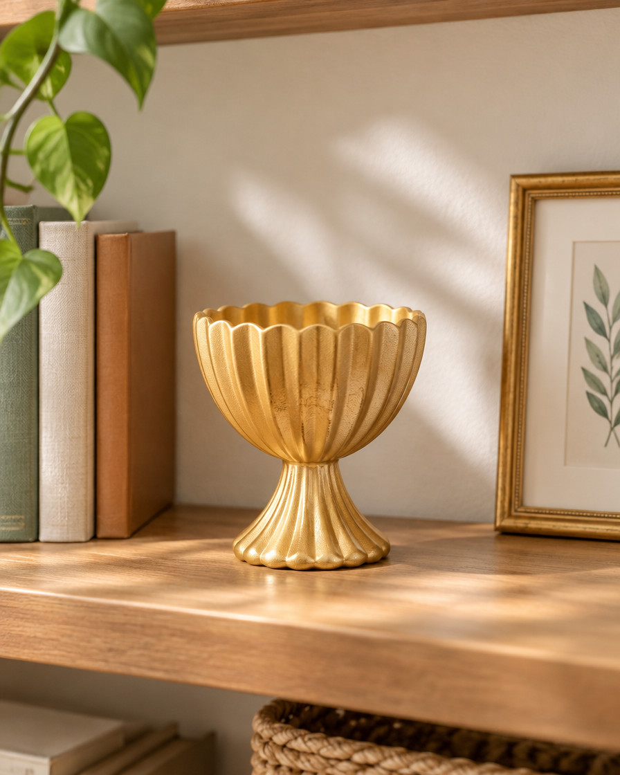 Gold Fluted Pedestal Urn Vase on a wooden shelf