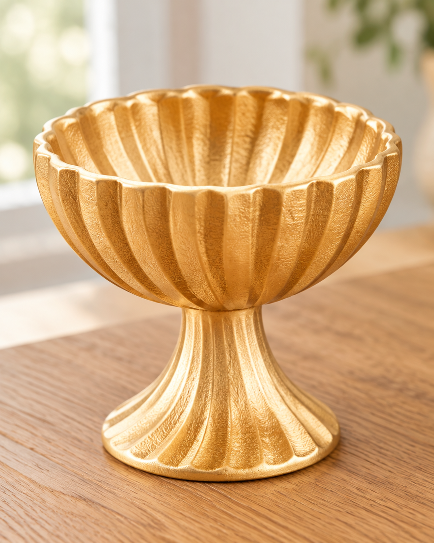 Close-up of the finish of the gold fluted pedestal urn vase