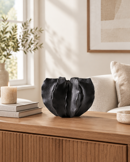 Black Folded Ruffle Ceramic Vase on a console table