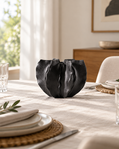 Black Folded Ruffle Ceramic Vase on a dining table