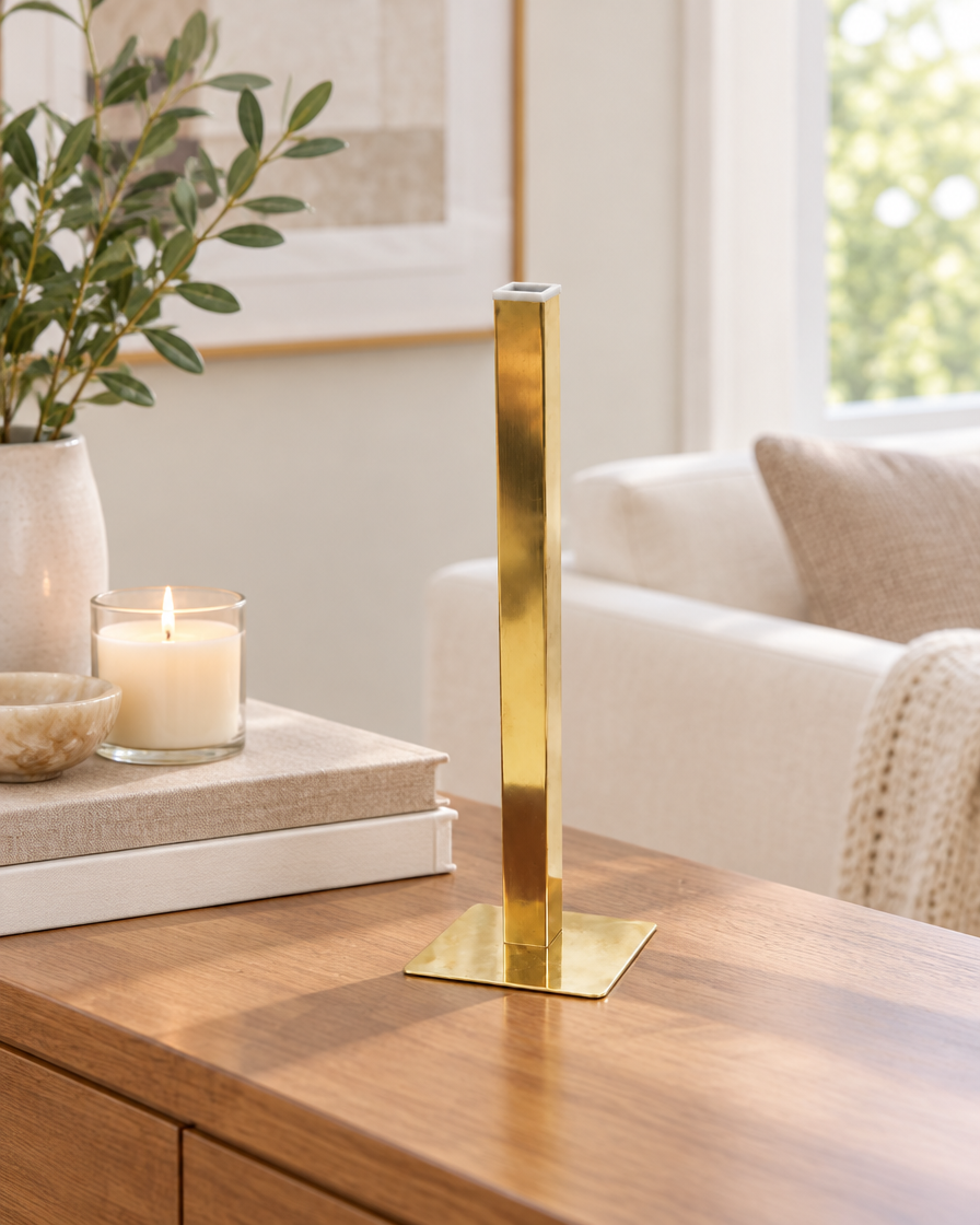 Gold Square-Tube Bud Vase on a console table