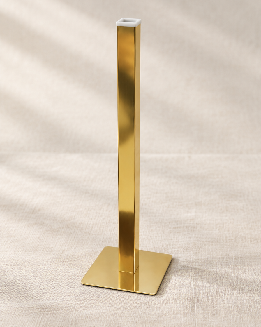 Gold Square-Tube Bud Vase, shown alone on a linen background