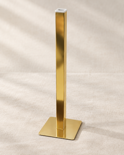 Gold Square-Tube Bud Vase, shown alone on a linen background