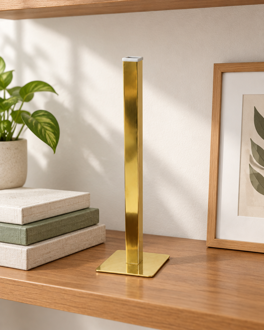 Gold Square-Tube Bud Vase on a wooden shelf
