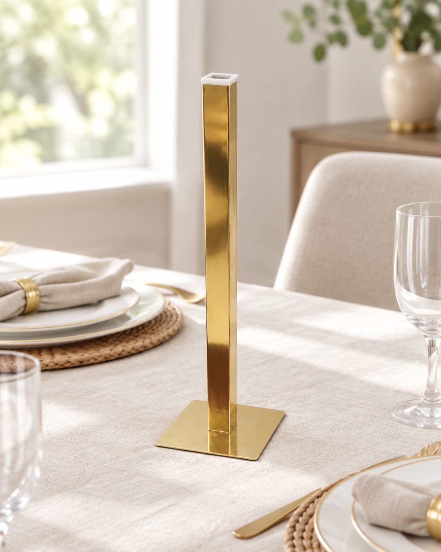 Gold Square-Tube Bud Vase on a dining table