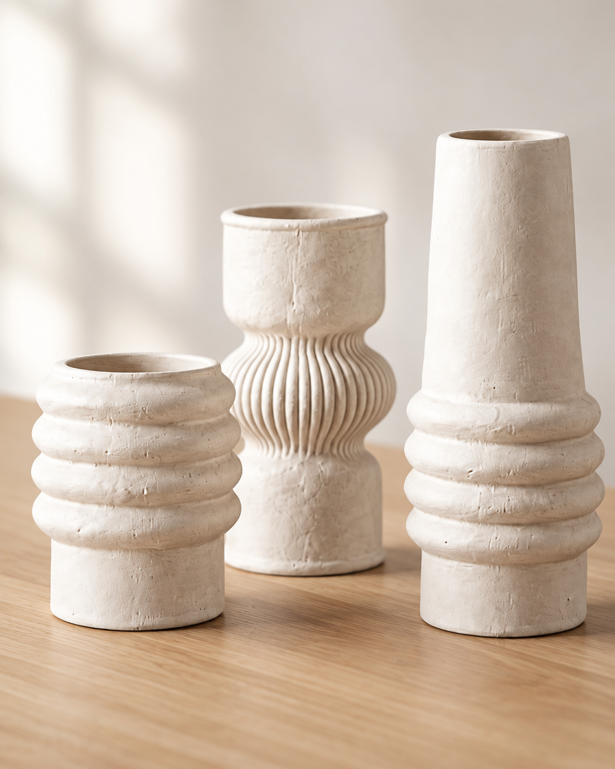 Close-up of the finish of the set of 3 matte white stacked ring vases