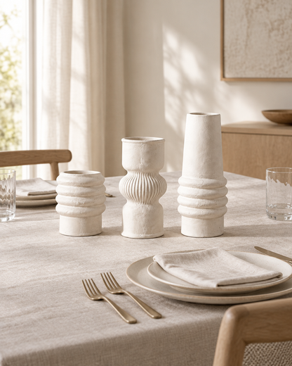 Set of 3 Matte White Stacked Ring Vases on a dining table
