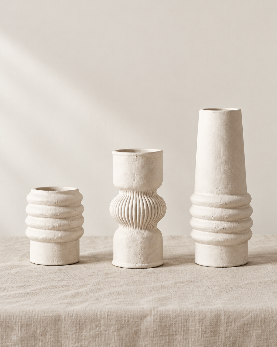 Set of 3 Matte White Stacked Ring Vases, shown alone on a linen background