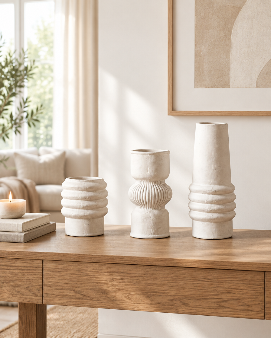 Set of 3 Matte White Stacked Ring Vases on a console table