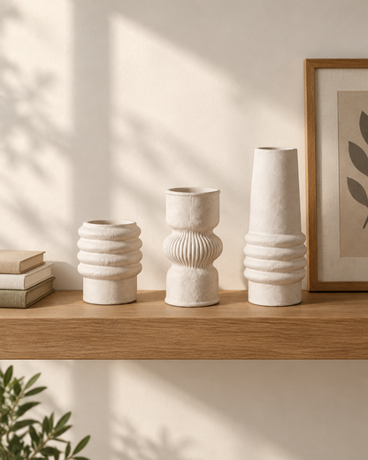 Set of 3 Matte White Stacked Ring Vases on a wooden shelf