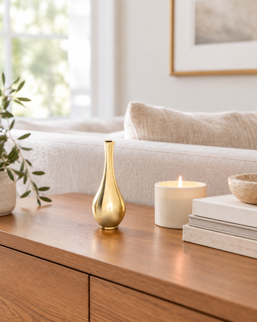Mini Brushed Gold Metal Bud Vase on a console table