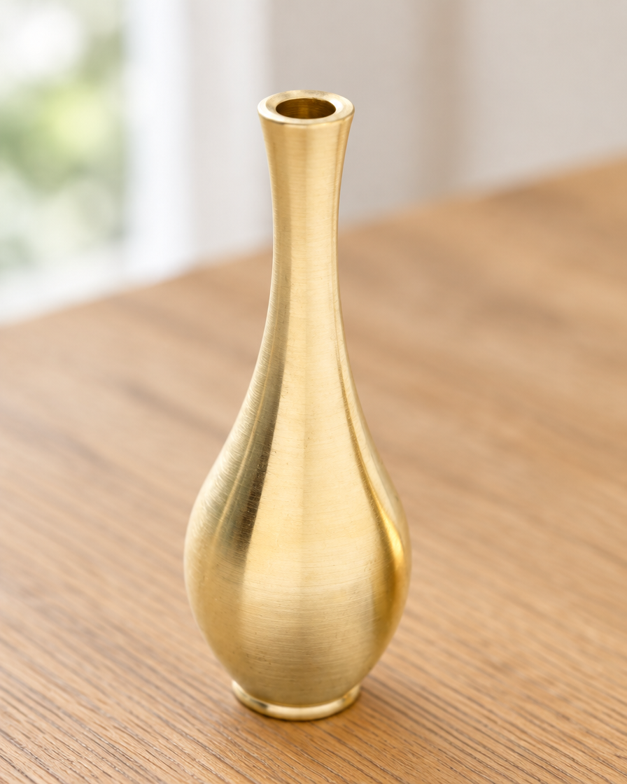 Close-up of the finish of the mini brushed gold metal bud vase