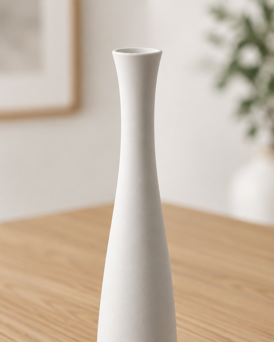 Close-up of the finish of the tall slim white ceramic bottle vase
