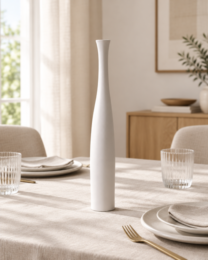 Tall Slim White Ceramic Bottle Vase on a dining table