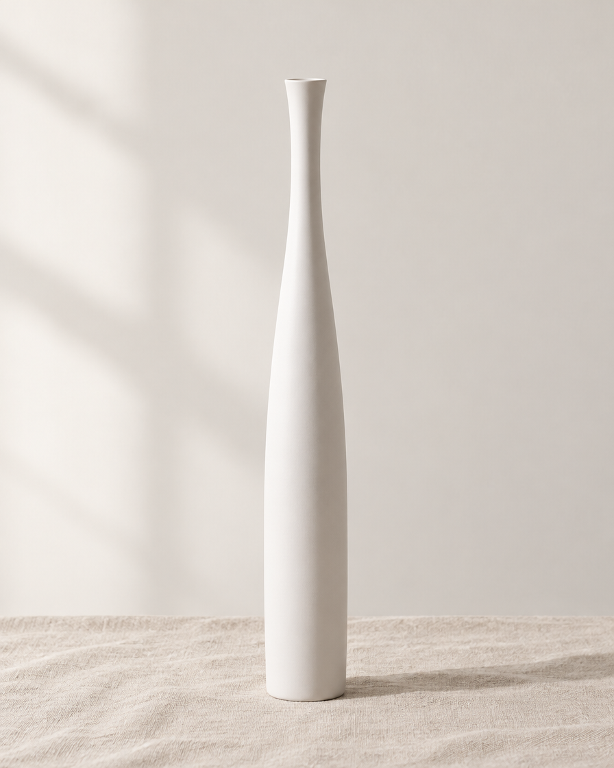 Tall Slim White Ceramic Bottle Vase, shown alone on a linen background