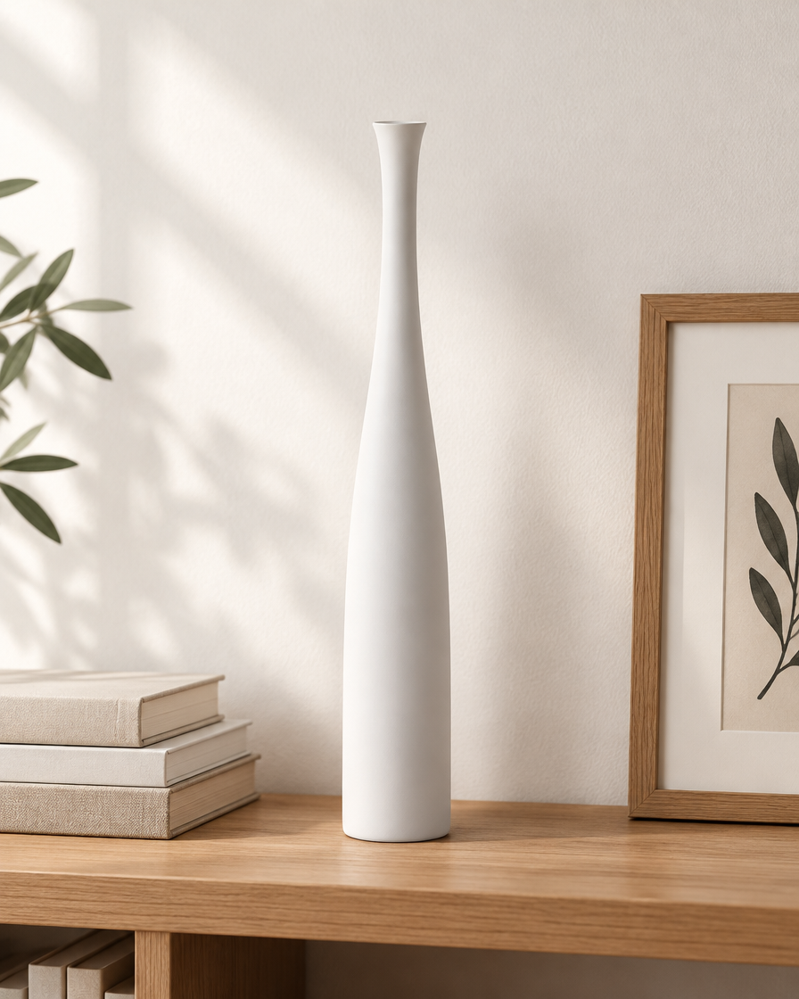 Tall Slim White Ceramic Bottle Vase on a wooden shelf
