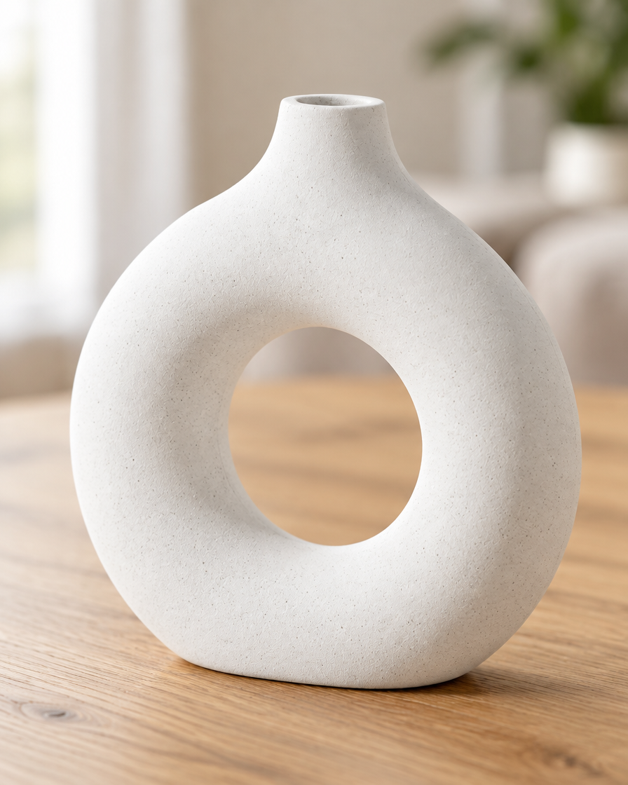 Close-up of the finish of the white matte donut vase