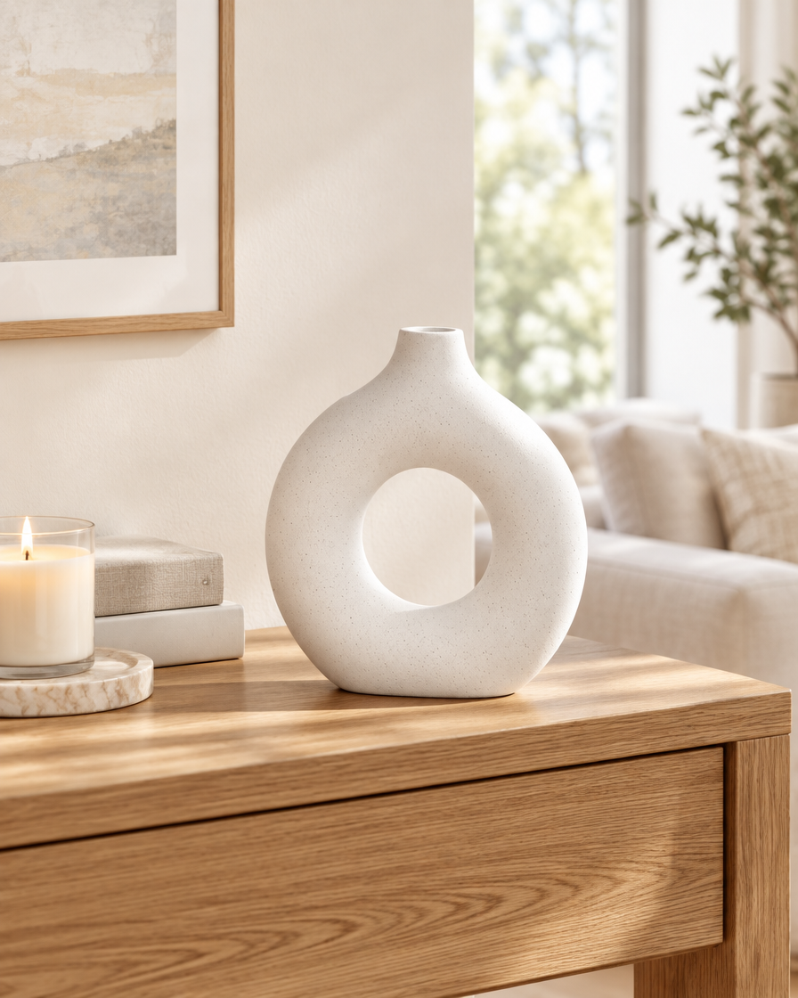 White Matte Donut Vase on a console table
