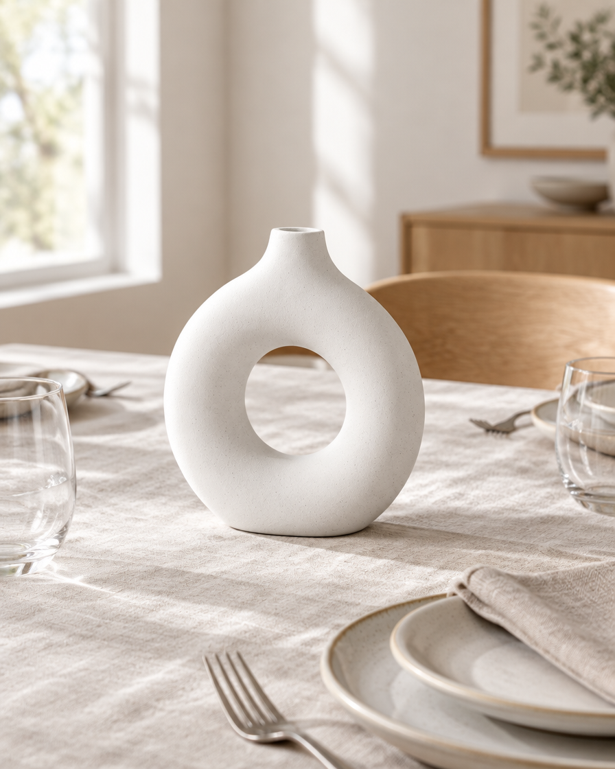 White Matte Donut Vase on a dining table