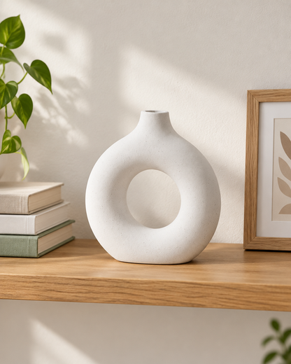White Matte Donut Vase on a wooden shelf