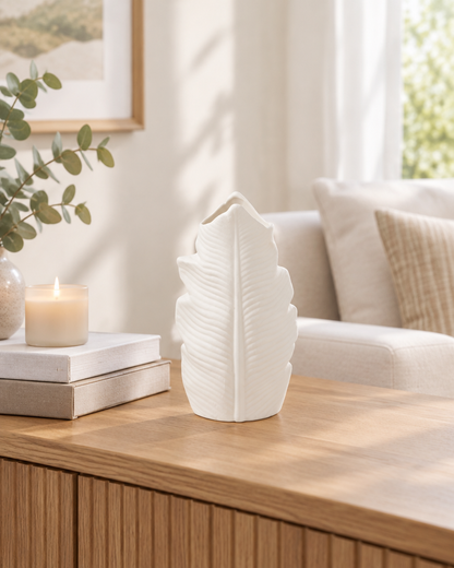 White Matte Leaf Vase on a console table