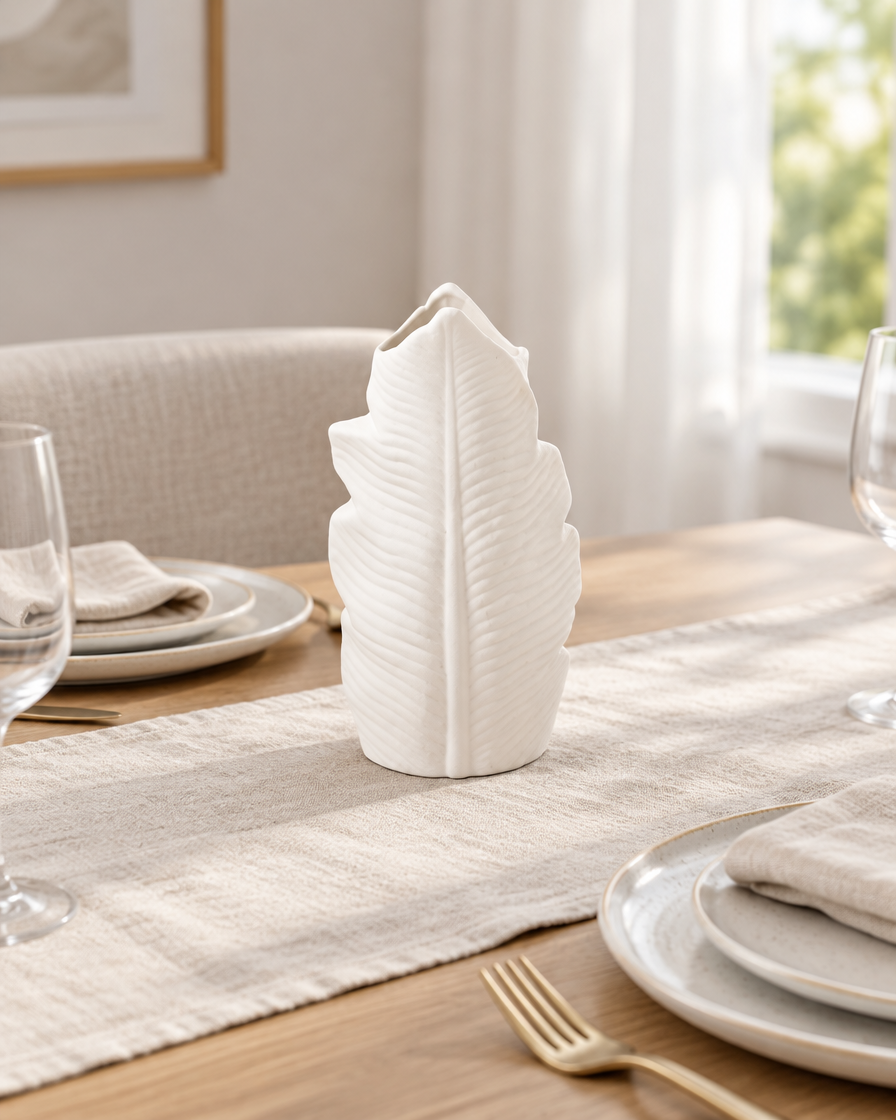 White Matte Leaf Vase on a dining table