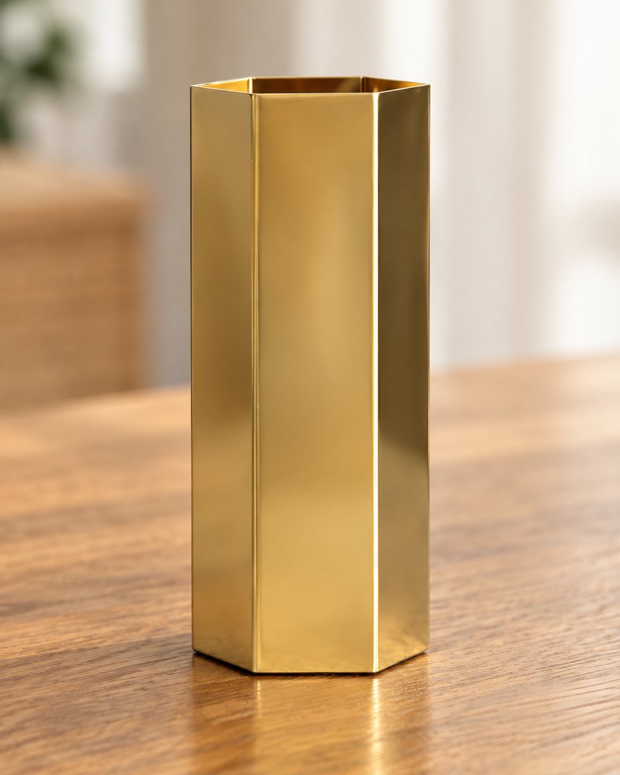 Close-up of the finish of the brass-tone hexagonal metal vase