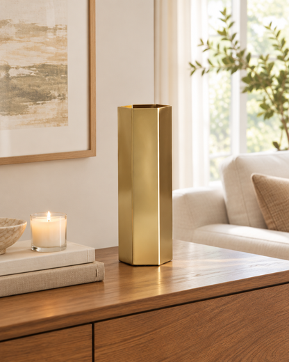 Brass-Tone Hexagonal Metal Vase on a console table