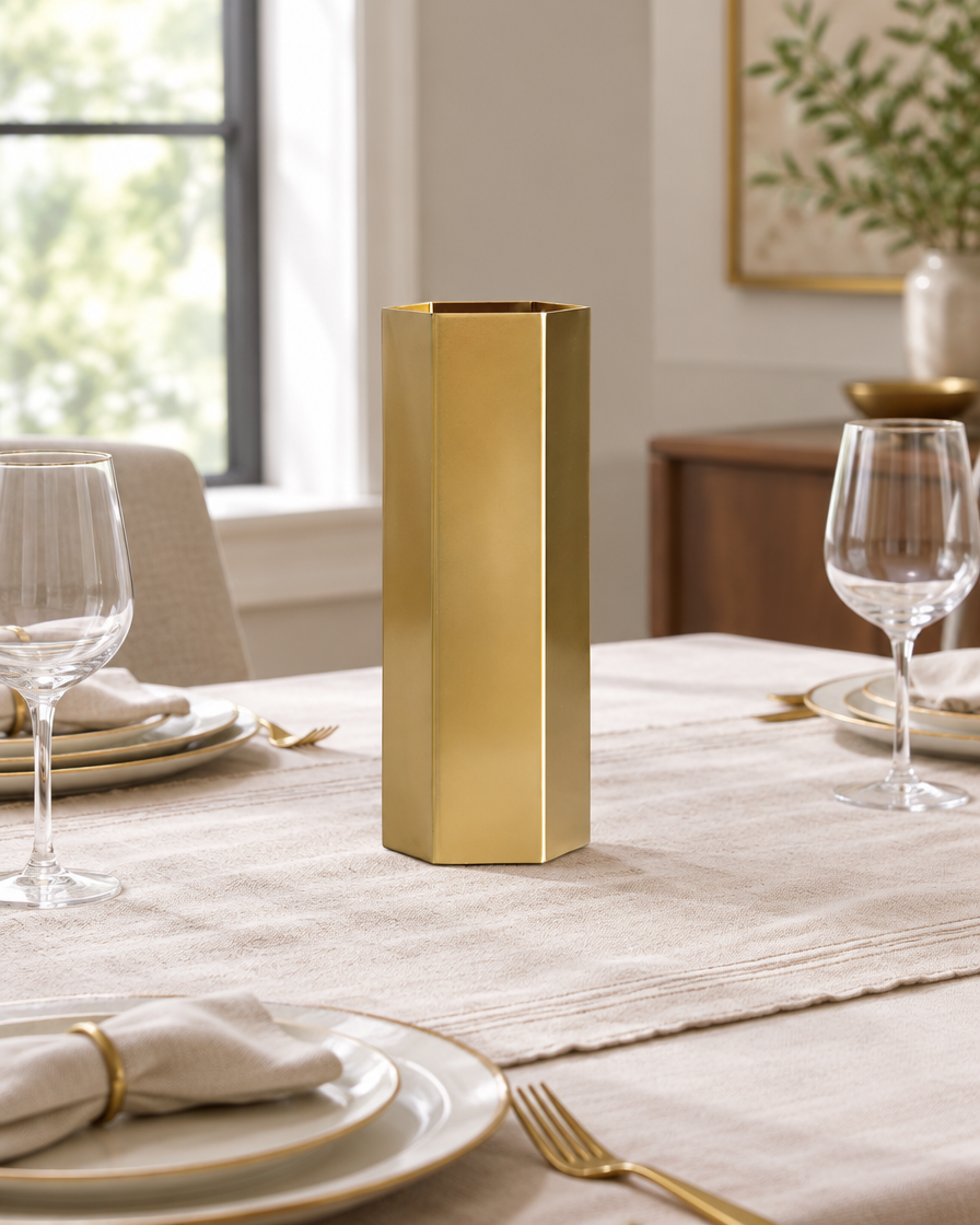 Brass-Tone Hexagonal Metal Vase on a dining table