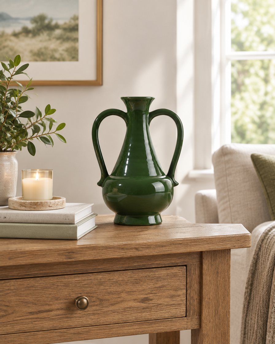 Glossy Deep Green Two-Handled Vase on a console table