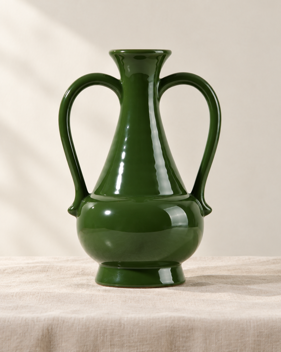 Glossy Deep Green Two-Handled Vase, shown alone on a linen background
