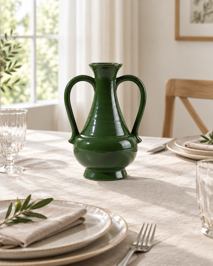 Glossy Deep Green Two-Handled Vase on a dining table