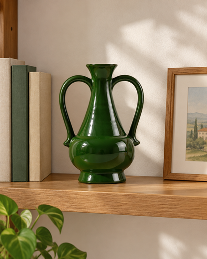 Glossy Deep Green Two-Handled Vase on a wooden shelf