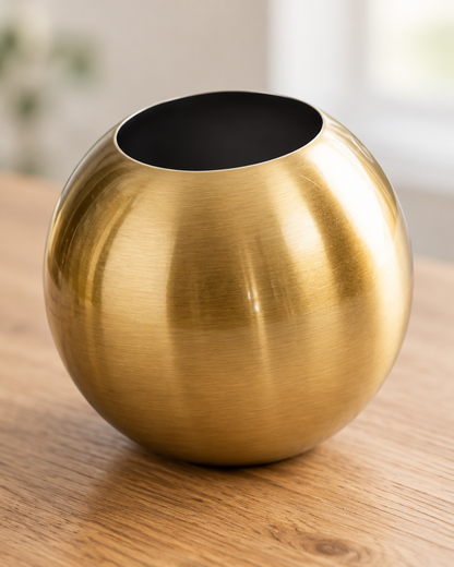Close-up of the finish of the brushed gold metal sphere vase