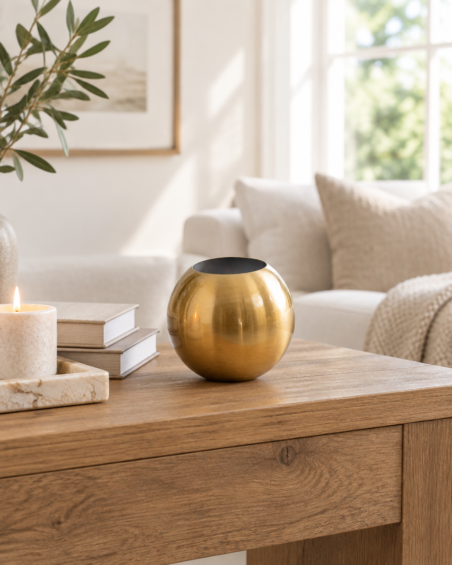 Brushed Gold Metal Sphere Vase on a console table