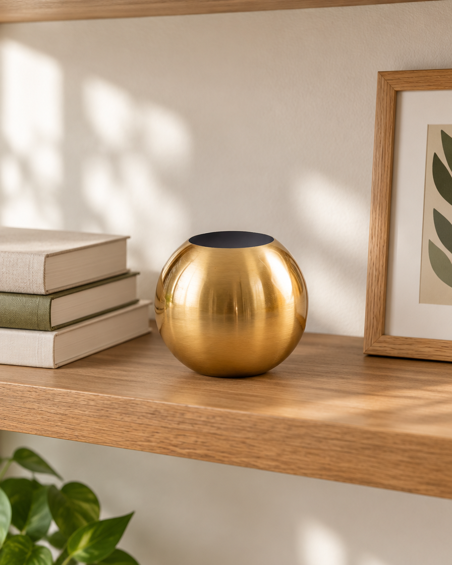 Brushed Gold Metal Sphere Vase on a wooden shelf