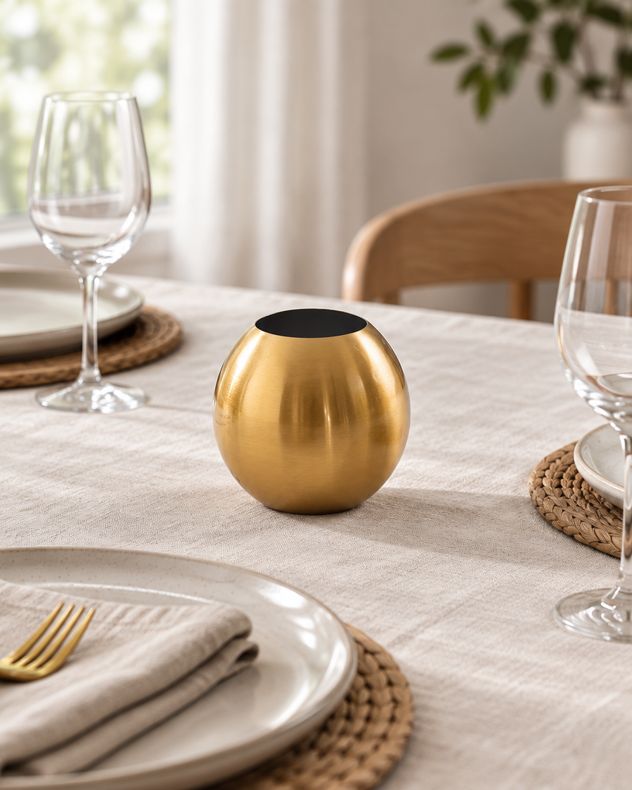 Brushed Gold Metal Sphere Vase on a dining table