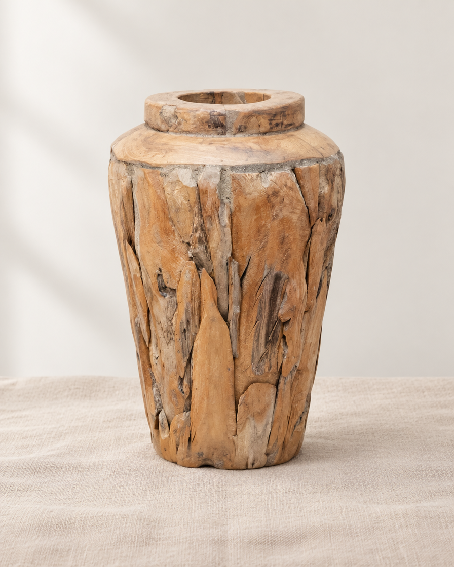 Rustic Teak Wood Vase, shown alone on a linen background