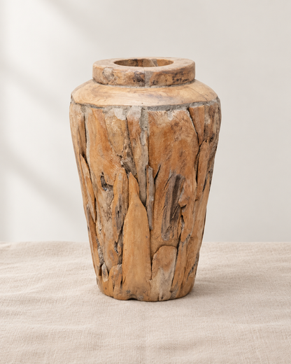 Rustic Teak Wood Vase, shown alone on a linen background