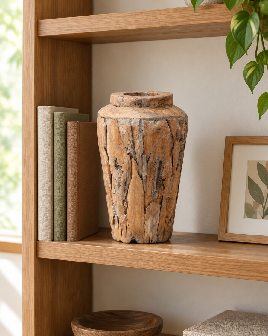 Rustic Teak Wood Vase on a wooden shelf
