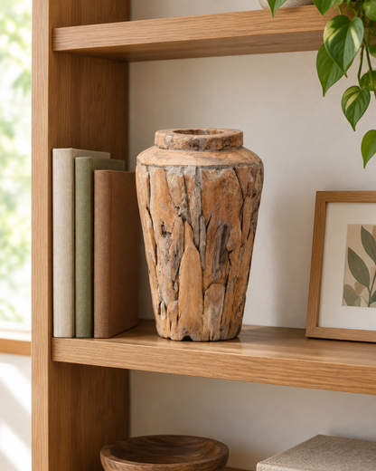 Rustic Teak Wood Vase on a wooden shelf
