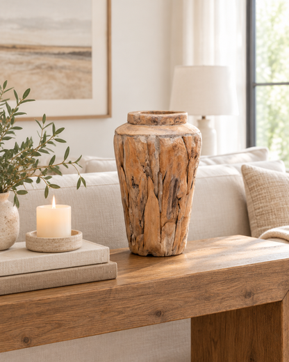 Rustic Teak Wood Vase on a console table