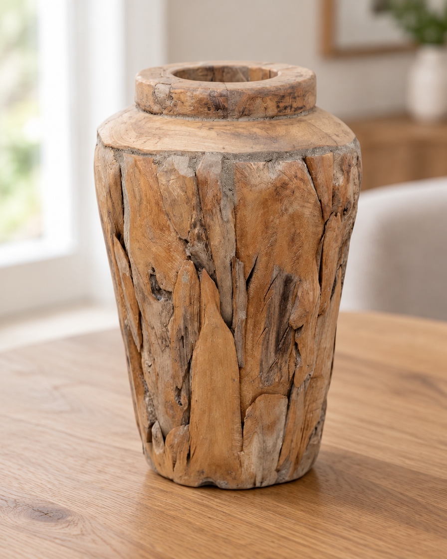 Close-up of the finish of the rustic teak wood vase