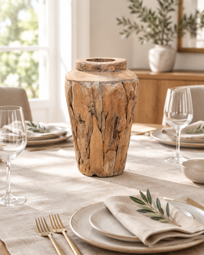 Rustic Teak Wood Vase on a dining table