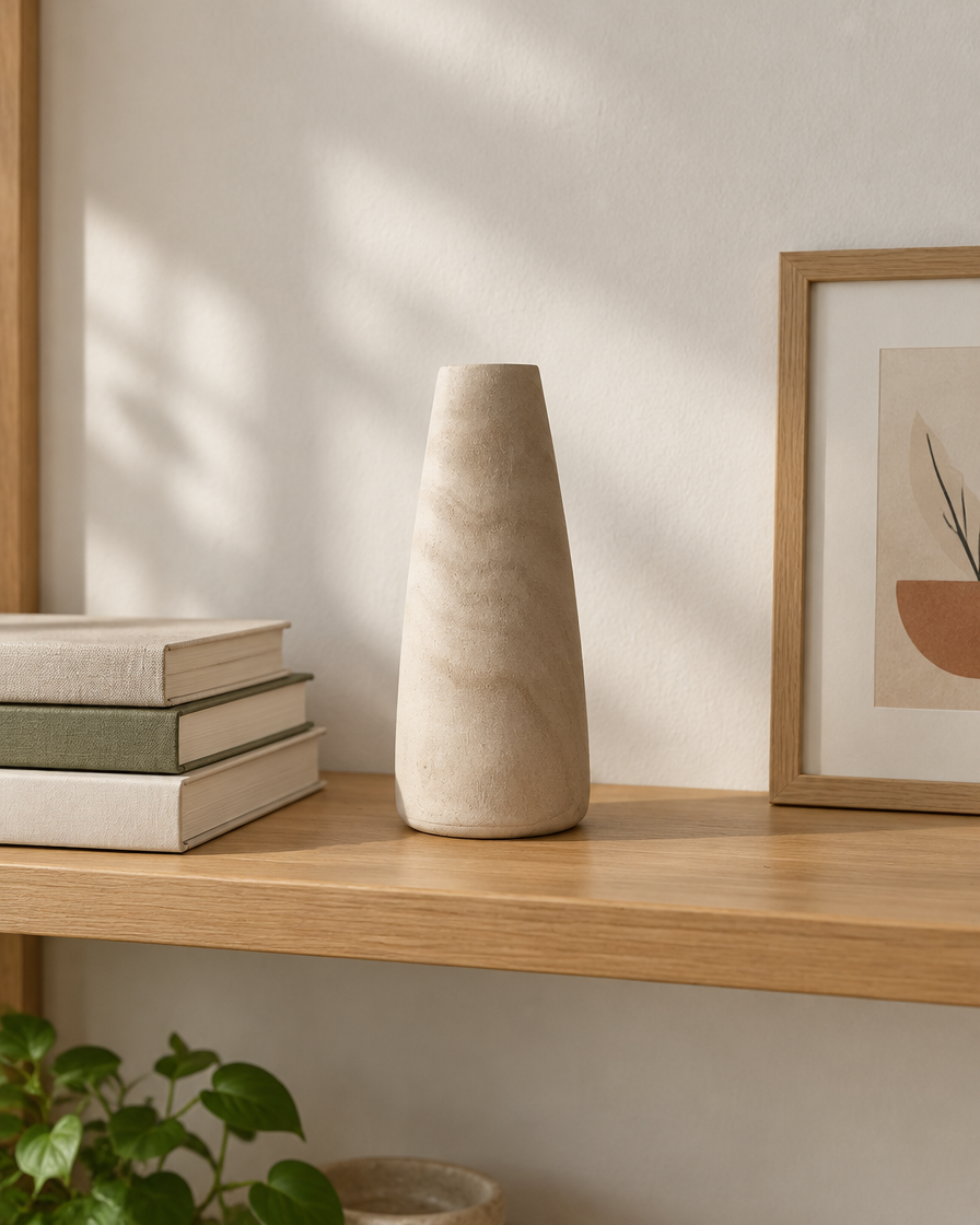 Tapered Natural Wood Vase on a wooden shelf