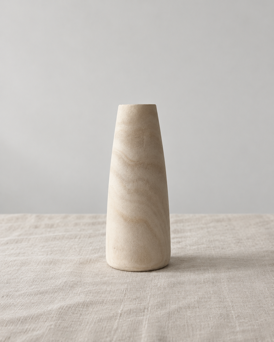 Tapered Natural Wood Vase, shown alone on a linen background