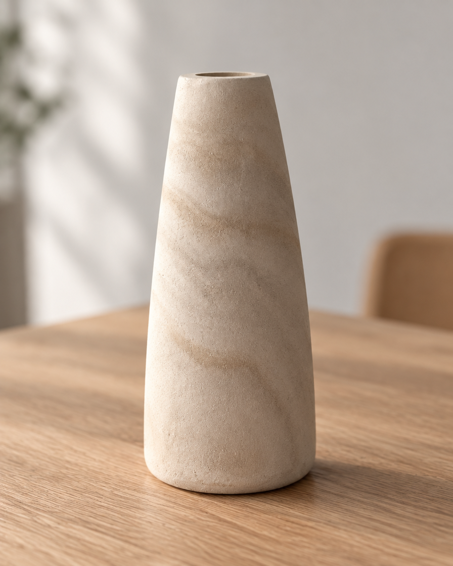Close-up of the finish of the tapered natural wood vase